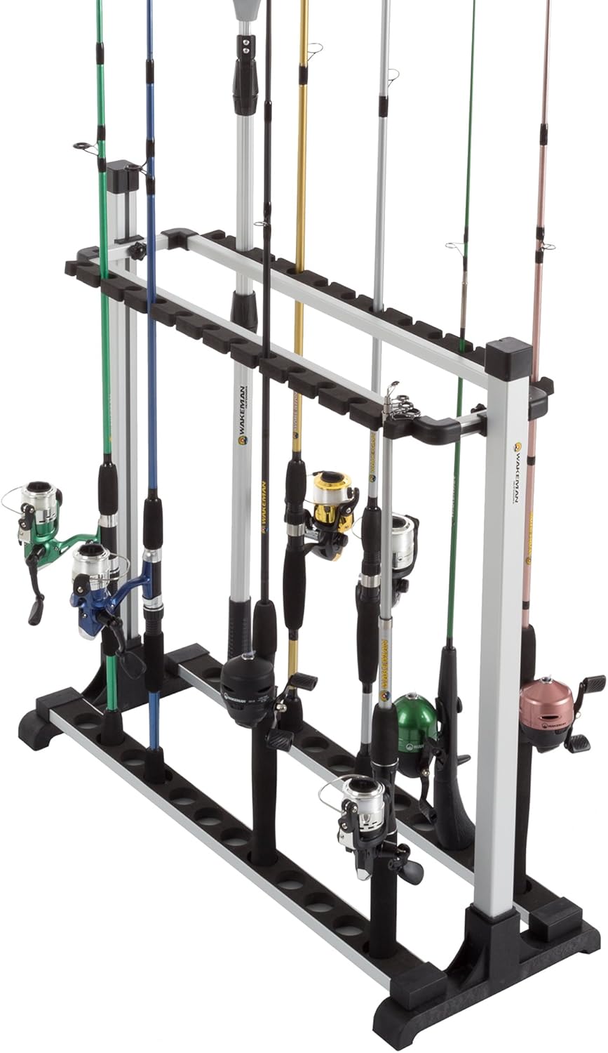 71JnnmfQsL._AC_SL1500_ Wakeman Outdoors Fishing Rod Rack- Aluminum Freestanding Floor Storage, Organizer Stand for Home or Garage, Fits 24 Freshwater or Saltwater Rods, Black, Model: 80-FSH5020 - Image 1