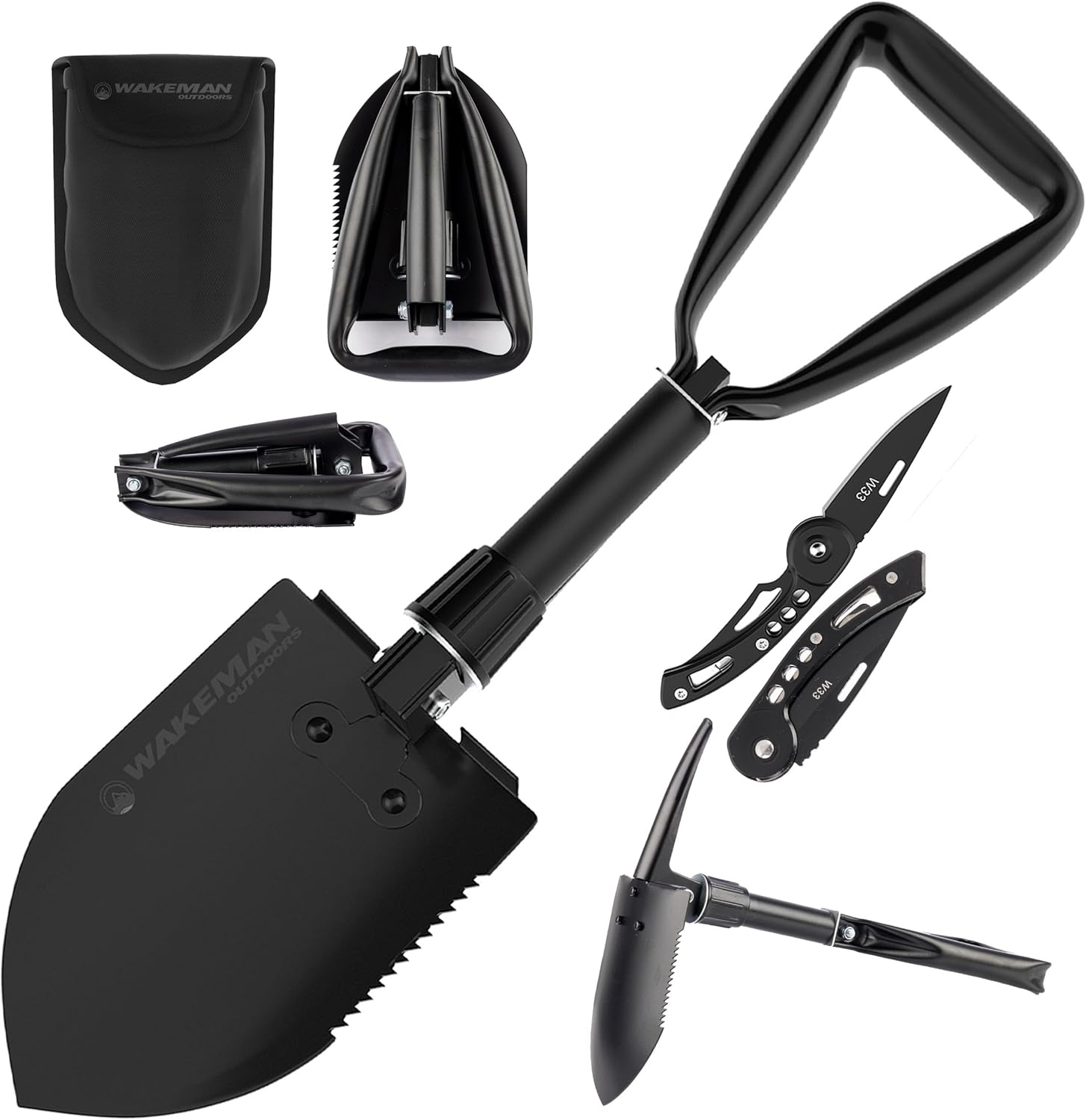 71QYrrOn-8L._AC_SL1500_ Folding Multitool Shovel, Pickaxe and Saw with Included Pocket Knife and Carry Bag- Survival Tool Camping, Hiking and Emergency by Wakeman Outdoors - Image 1
