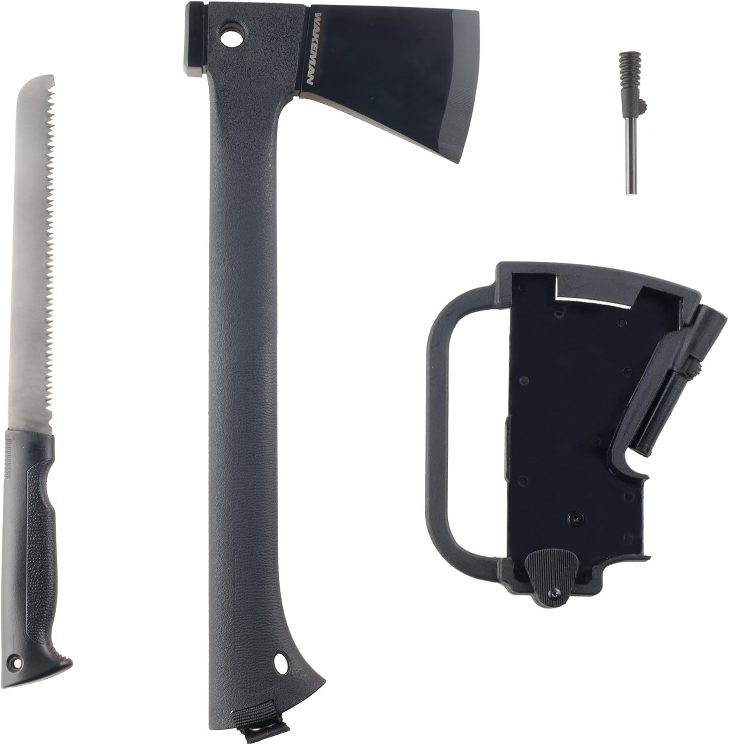 71bM-nvFIbL._AC_SL1500_ Camping Hand Axe and Survival Gear - Lightweight Hatchet with Nested Serrated Wood Saw Knife and Magnesium Fire Starter Tool by Wakeman (Black) - Image 1