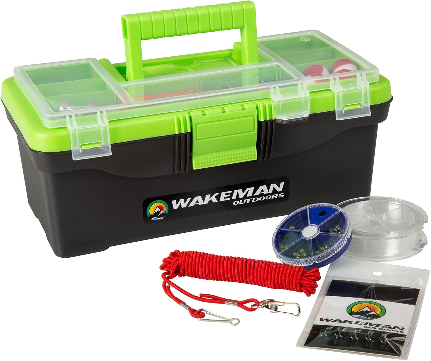 815czWXyVSL._AC_SL1500_ Fishing Single Tray Tackle Box- 55 Piece Tackle Gear Kit Includes Sinkers, Hooks Lures Bobbers Swivels and Fishing Line By Wakeman Outdoors Lime Green - Image 1