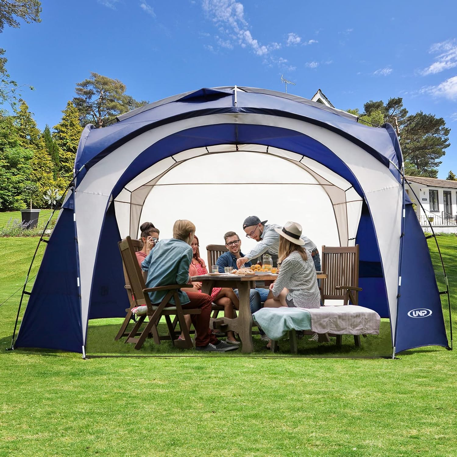 81RxFJyNwML._AC_SL1500_ UNP Easy Sun Shelter Beach Tent Pop Up Canopy Event Cabana UPF 50+ Shade Tent 4-6 Person Rainproof, Waterproof for Camping Trips, Backyard Fun, Party Or Picnics with Side Wall (12 x 12 ft, Blue) - Image 1