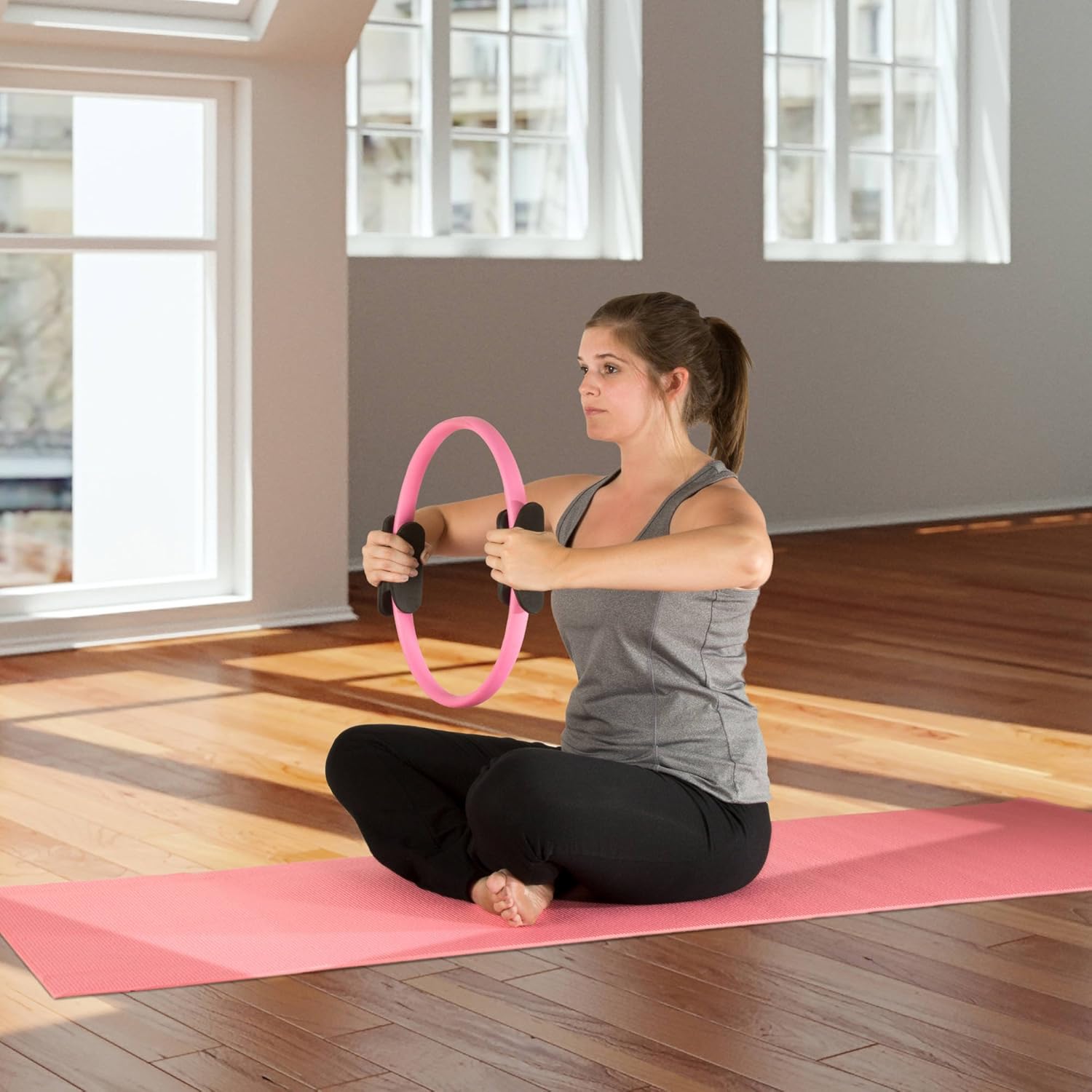 81VPaeKE2lL._AC_SL1500_ Pilates Toning Ring - Dual Grip Foam Resistance Circle - Full Body Workout for Barre, Sculpting and Strength Exercise by Wakeman Fitness - Image 1
